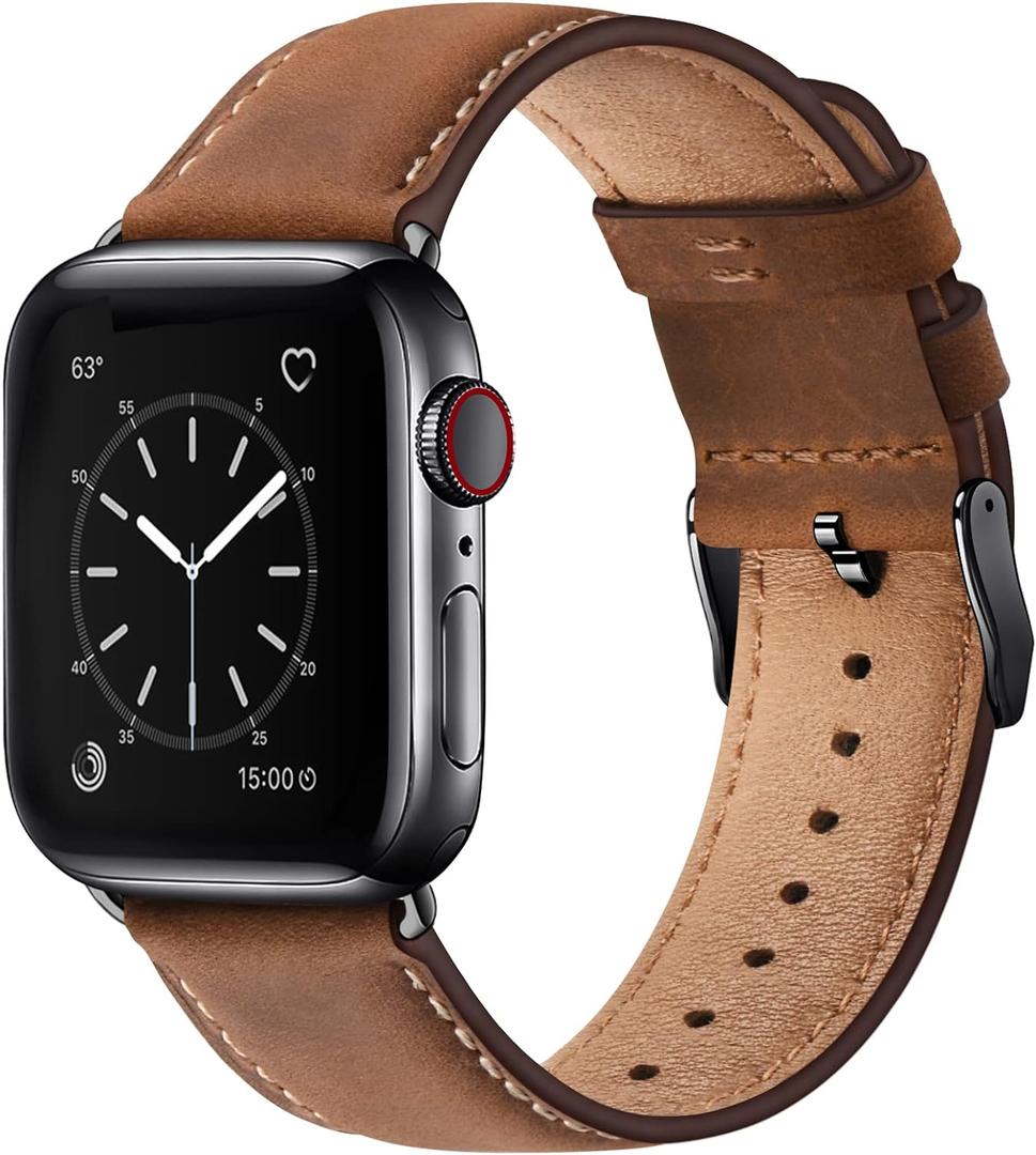 SUNFWR Leather Bands Compatible with Apple Watch Band 42mm 44mm 45mm 46mm 49mm for Men Women, Top Grain Genuine Leather Replacement Strap for iWatch Ultra2 Ultra SE2 SE Series 10 9 8 7 6 5 4 3 2 1 (42mm(Series 3 2 1) 44mm 45mm 46mm 49mm, Red Brown/Black)