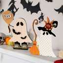 DAZONGE Halloween Decorations Indoor, 2 Pack Cute Wooden Halloween Ghost Witch Decor, Witchy Ghost with Broom & Boo Balloon Centerpieces for Party Mantel Shelf Tabletop (Orange&white)