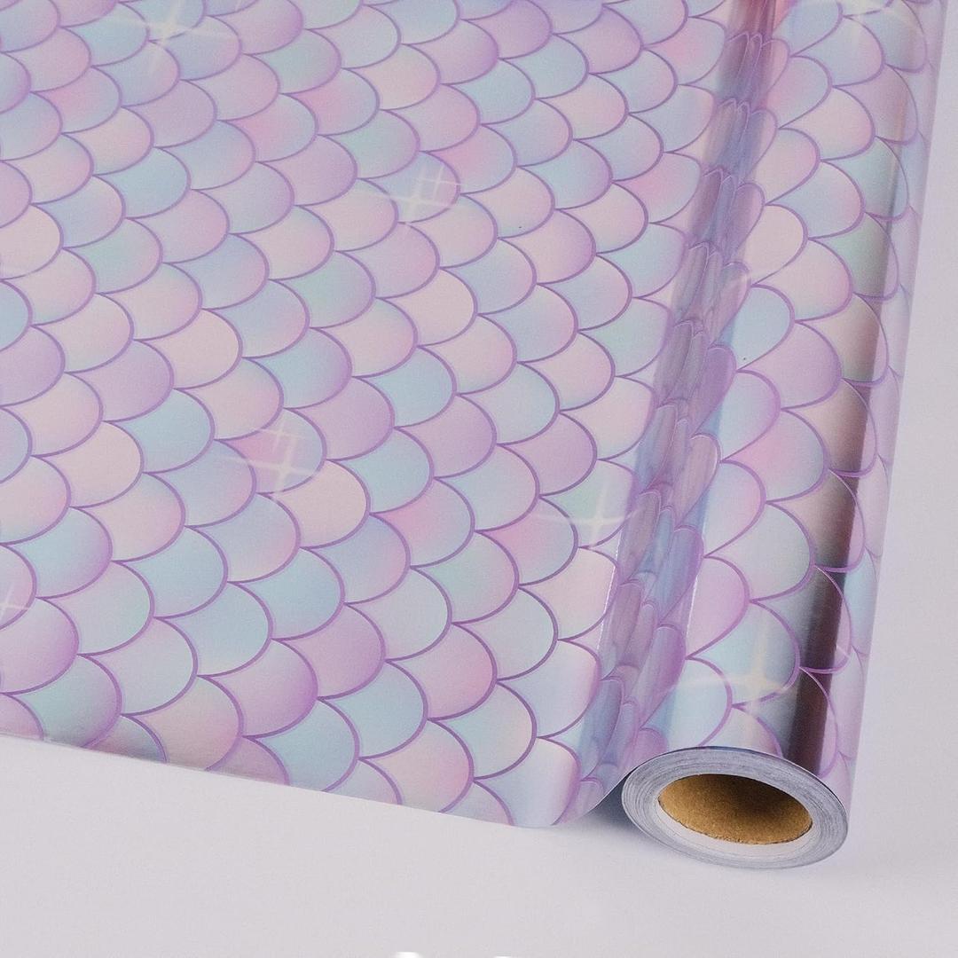 RayofSun Mermaid Scale Wrapping Paper for Girls Kids - 17 Inch x 32 Feet Mini Roll Under Sunlight Glittering Birthday Wrapping Paper Roll for All Occasions, Birthday, Baby Shower Wedding Present Wrap