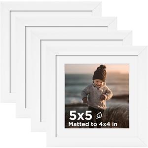 KINLINK 5x5 Picture Frame White Set of 4, Wooden Square Photo Frames Matted 4x4 with Plexiglass for 4x4 with Mat or 5x5 without Mat for Table and Wall Display
