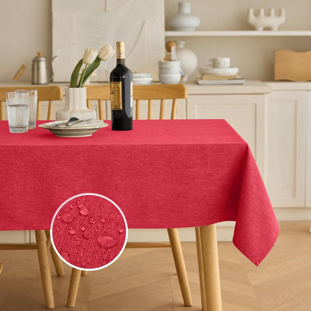 Decorelia Waterproof Wipeable Tablecloth Rectangle Table for Wedding, Faux Linen Rustic Reusable Rectangular Table Cloth Cover for Dining, Party & Camping(Oblong,60 x 104 Inch (8-10 Seats),Red)