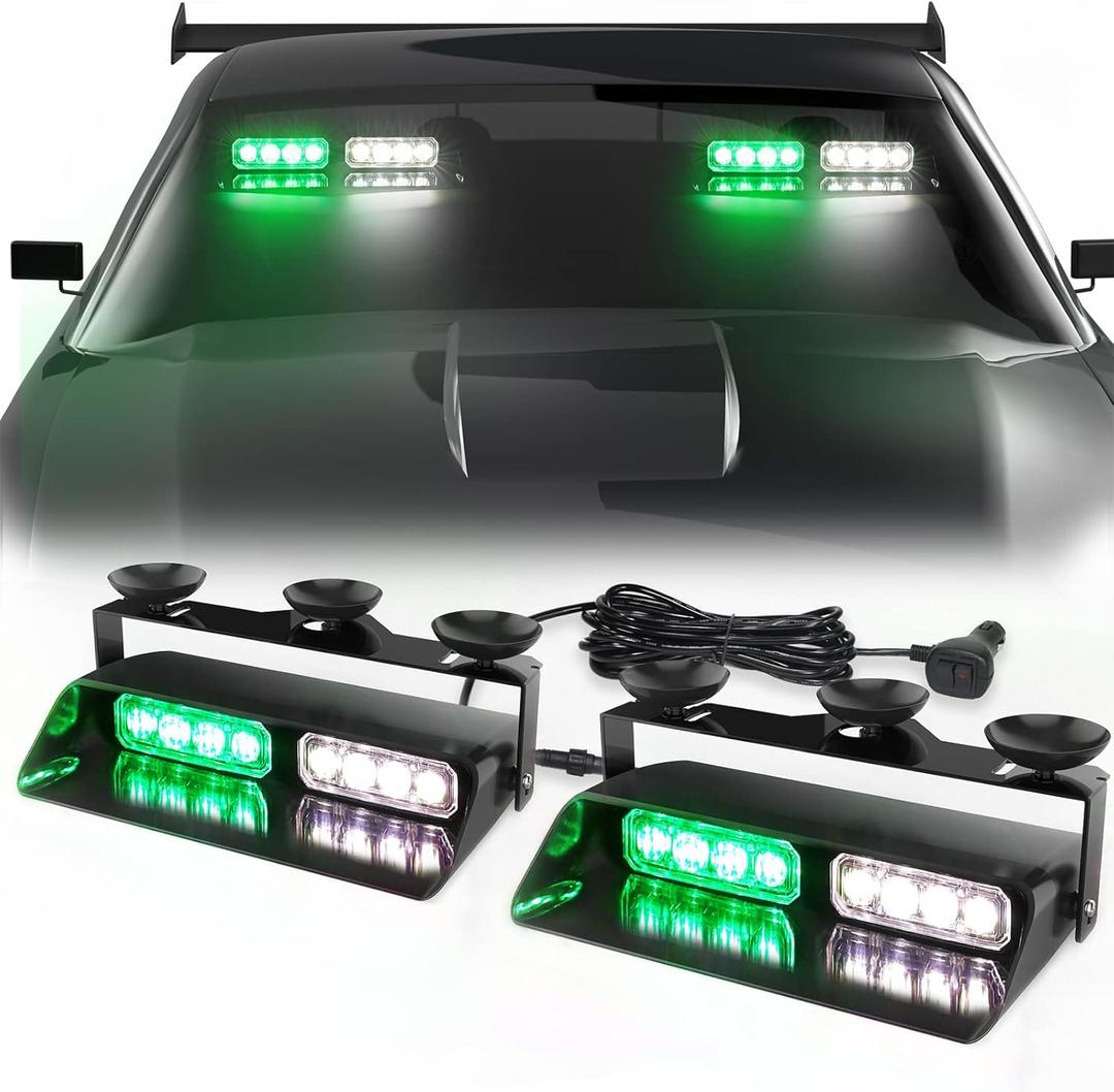 WINECO 2 in 1 Green White Dash Emergency Strobe Lights Interior Windshield Warning Safety Flashing Lights w/Suction Cups for Construction Vehicles, Truck (27.16 inch, 16 LED) WINECO 2 in 1 Green White Dash Emergency Strobe Lights Interior Windshield Warning Safety Flashing Lights w/Suction Cups for Construction Vehicles, Truck (27.16 inch, 16 LED)
