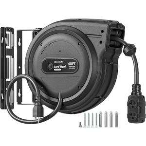 DEWENWILS 20 Amp Retractable Extension Cord Reel, Black, ETL Listed | 10AWG SJTOW Heavy Duty Electric Cord Reels, Auto-Rewind No-Tangle, 20A Circuit Breaker, 4 Outlets, 2500W