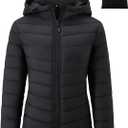 Gihuo Women's Packable Lightweight Hooded Puffer Jacket Quilted Winter Outdoor Jacket with Storage Bag (Black, L)