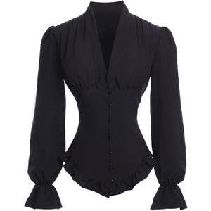Victorian Blouse for Women Vintage Ruffle Long Sleeves Shirt Tops (X-Large, Black)