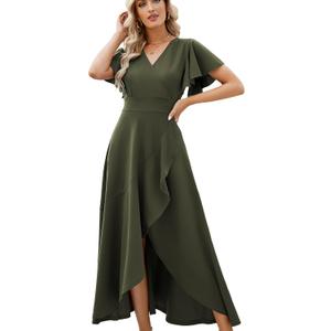 Long Black Formal Dresses for Women Gowns Evening Party Cocktail Dress,Split Elegant V Neck Wrap Ruffle Wedding Guest Dresses (Large, Army Green)