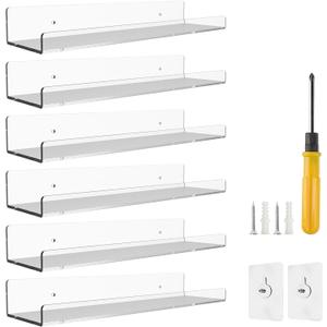 BTSD-home 6 Pack 15'' Clear Acrylic Shelves for Wall, Acrylic Wall Shelves Invisible Mounted Display Ledge Kids Bookshelf for Bathroom, Living Room, Bedroom, Kitchen, Study