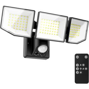 38W 7500LM LED Security Lights Outdoor with Remote Control, 6500K Motion Sensor Flood Light, 3 Modes, IP65 Waterproof, Dusk to Dawn 3-Head Floodlight Fixture for Garage, Yard, Porch (Black)