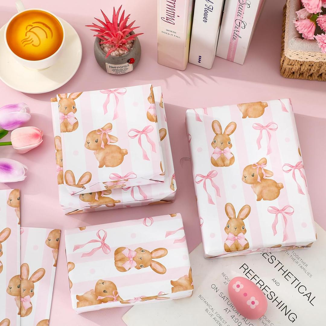 JarThenaAMCS 6 Sheets Easter Wrapping Paper -Not Roll- Coquette Pink Bow Bunny Rabbit Gift Wrap Paper Folded Flat for Spring Birthday Baby Shower DIY Crafts, 27.6 x 39.4 Inch