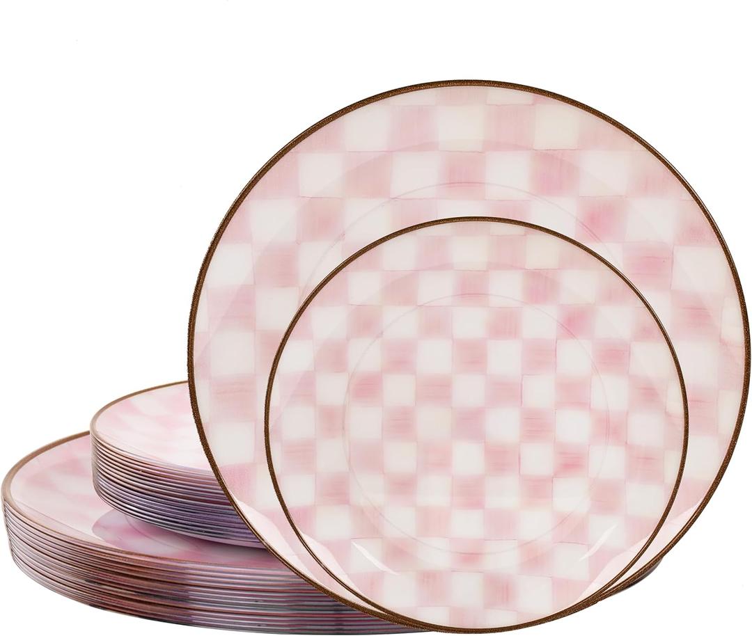 U-QE 20PCS Pink Plastic Plates for Party - Retro Checkered Plates Disposable Heavy Duty - White and Pink Plate for Party, Birthdays - 10 10.25 Inch Dinner and 10 7.5 Inch Dessert Plate