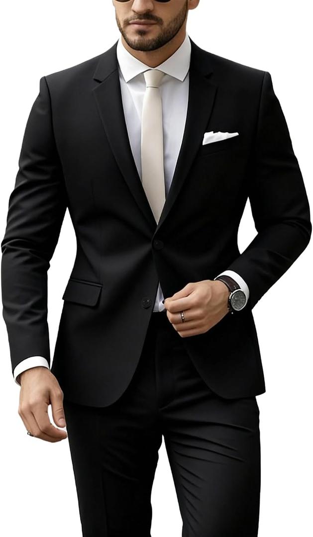 Mens Suits Classic fit 2 Piece 2 Button Formal Tuxedo Jacket Suits Pants Set for Wedding Business Prom Large, Black
