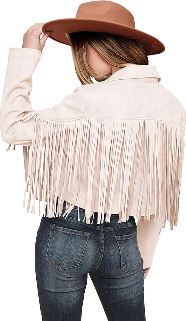 PRETTYGARDEN Women's Fringe Faux Suede Leather Jackets Fall Fashion 2026 Tassel Motorcycle Cropped Coats (Beige White)