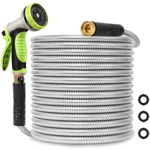 Svansea Metal Garden Hose 100ft Stainless Steel Hose Heavy Duty Flexible Water Hose with 10 Way Spray Nozzle 3/4 Solid Brass Fittings-Outdoor Yard Lightweight No Kink Leak Resistant Water Pipe