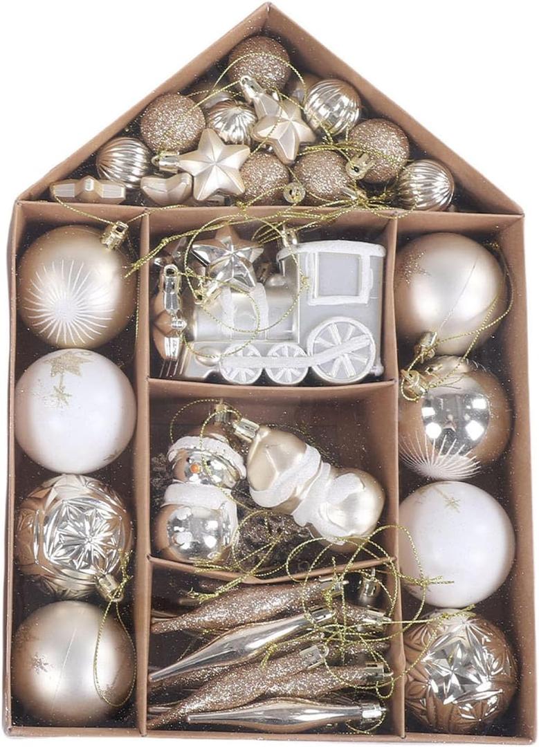 Gonetre 2 Pack Glitter Christmas Ornaments Christmas Tree Decorations 70Pcs Per Pack Xmas Ball Ornaments Plated Snowman Snowflakes Xmas Tree Hanging Decorative Balls for Home (White and Gold)