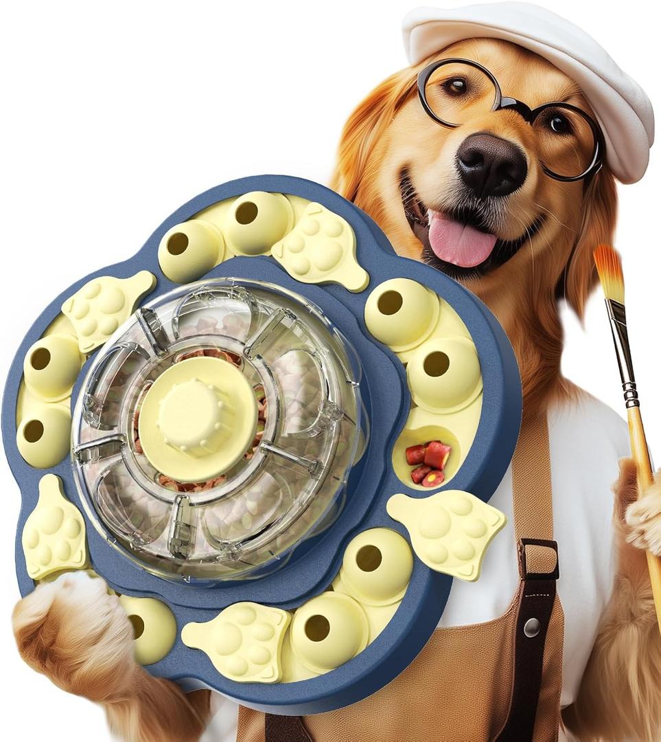 KADTC 3 Levels of Challenge Dog Puzzle Feeder Toy U.S. Brand - Design Spin-to-Release Treat Dispenser For Small Medium Large Dogs Boredom Buster Mental Stimulation Enrichment Slow Feeding Puzzles Toys, Sunflower Blue