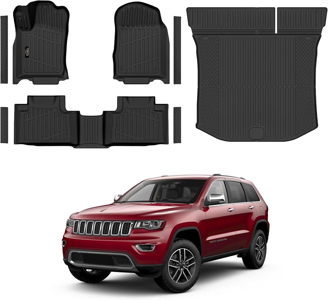 Floor Mats & Trunk Mat Custom for Jeep Grand Cherokee & Dodge Durango 2016-2021/Grand Cherokee WK 2022 (Not for L) All Weather TPE Rubber Cargo Liner Automotive Full Set Accessories- Black