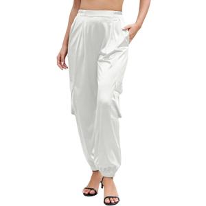 ZAFUL Womens Satin Joggers 2025 Boho Chic Cargo Jogger Pants High Waisted Stretch Silk Ankle Pants Slack Trousers (Medium, White)