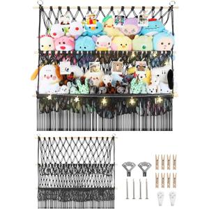 2 Tier Stuffed Animal Storage Shelf Net, 35x30'' Large Plushie Net w/ 2.4/1'' Dense Mesh for Mini Medium Stuffy Teddy, Black Boho Macrame Toy Holder Display w/ Lights&Clips for Nursery Kid Girl Boy, Large-2 Tier-35'' Width