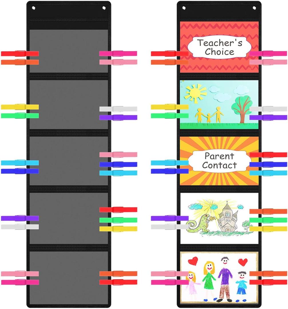 2 Sets Student Behavior Clip Chart for Classroom, 2 Pcs Black 5 Pockets Storage Pocket Chart with 24 Wooden Clips for Drawing, Pictures, Demonstrations, Homework, Teacher Office Organization