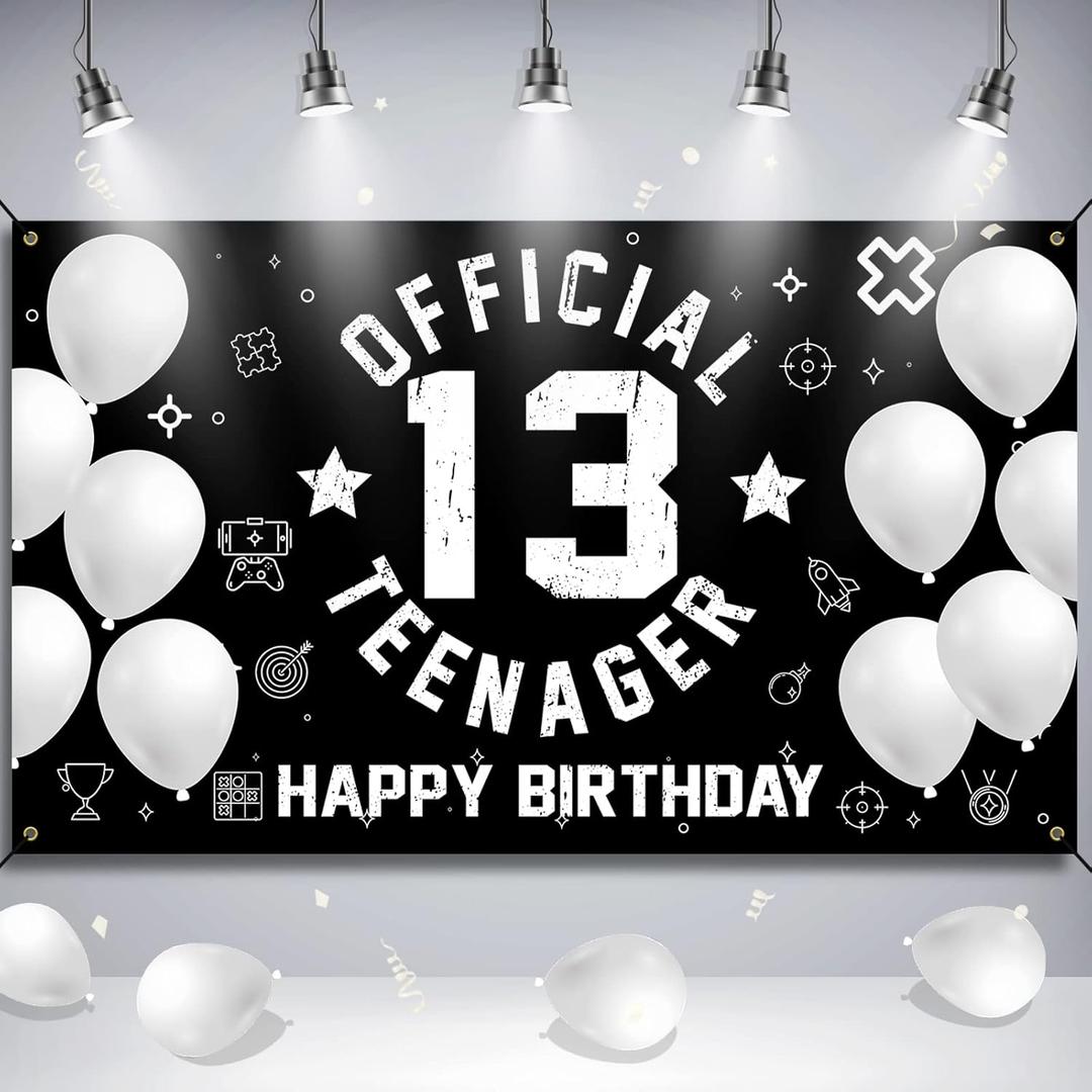 13th Birthday Backdrop Banner, Happy 13th Birthday Decoration for Boys Girls, Official Teenager 13 Birthday Party Yard Sign, 13 Year Old Birthday Photo Booth Props Decor, Fabric, Black White