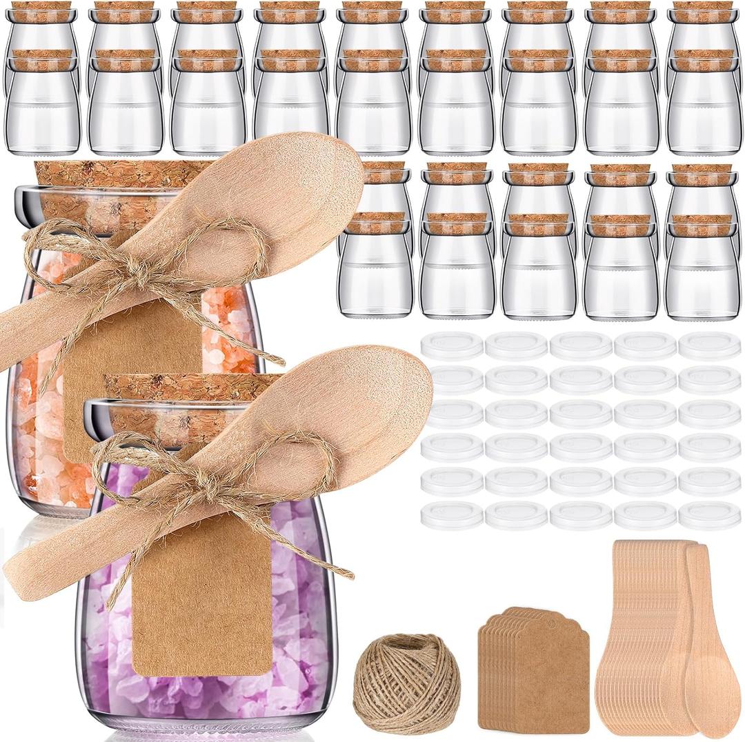 30 Pcs Small Glass Jars with Cork Lids Spoons 3.4 oz Mini Yogurt Containers with Lid Pudding Jars Glass Favor Containers for Candy Cake Jam Honey Wedding Favor with Label Tag String