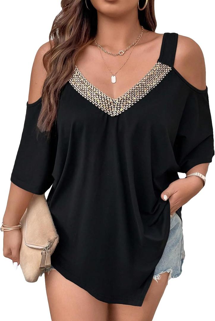 Verdusa Women's Plus Size Deep V Neck Cut Out Cold Shoulder Tee Shirt Black XL