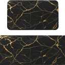 Black Gold Marble Print Kitchen Rugs Microfiber Floor Mats Cushioned Carpet Runner Rug for Laundry Bathroom Living Room, 2 Piece Set 17"X 47" + 17"X 30"
