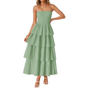 ZESICA Women's Summer Boho Strapless Maxi Dress 2026 Casual Sleeveless Off Shoulder Smocked Tiered Beach Long Sundress (Large, Sage)