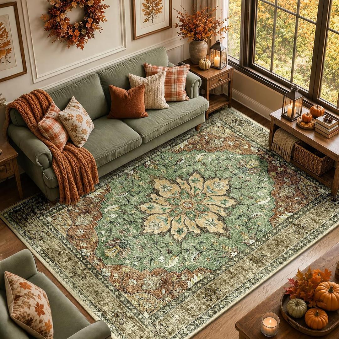 Washable Area Rug, Brick/Brown/Green | Non-Slip, Water Repellent, Pet Friendly, Easy to Clean, Vintage Floral Boho Decor for Living