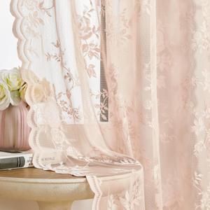 SEEKRIGHT Blush Pink Lace Curtains - 84 Inch Long, 2 Panel French Floral Sheer Curtains for Living Room & Bedroom - Vintage Victorian Style, Rod Pocket, Light Filtering Edges, Drapes - 52x84