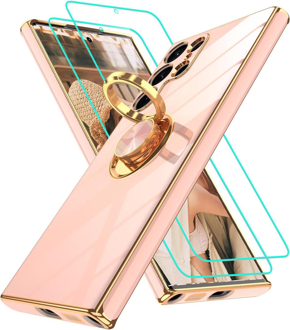 for Samsung Galaxy S22 Ultra Case: with 2Pcs Screen Protector, 360 Rotation Ring Holder Magnetic Kickstand, Plating Gold Edge Soft TPU Shockproof Protective Cover for S22 Ultra, Pink
