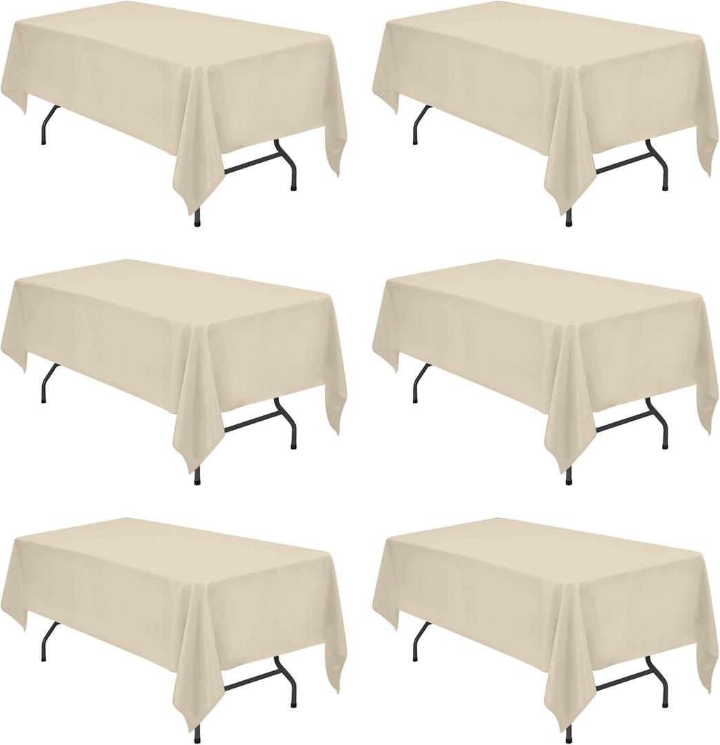 BRILLMAX 6 Pack Beige Tablecloths 60 x 102 Inch for 6ft Rectangle Tables - 150 GSM Polyester Fabric, 15" Standard Drop, Water, Stain & Wrinkle Resistant Cloth Cover for Wedding Banquet Dining Buffet