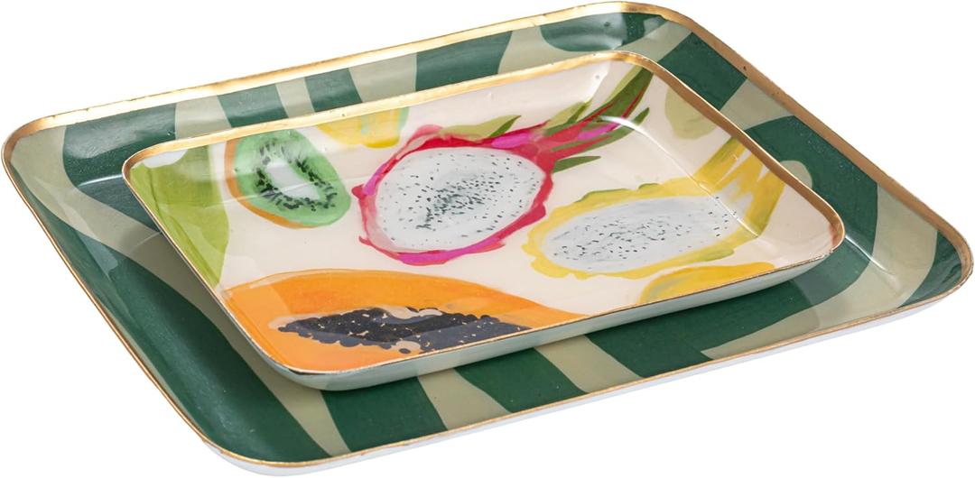 Creative Co-Op Fruit and Abstract Enameled Metal Trays, Set of 2