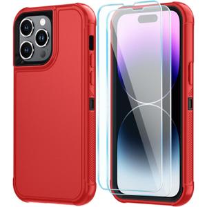 SunStory Compatible with iPhone 14 Pro Case with HD Screen Protector, 3-Layer Heavy Duty Full-Body Cover,3 in 1 Hybrid Protective Case for iPhone 14 Pro 6.1",Red