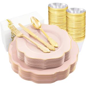 NOCCUR 175PCS Pink Plates with Gold Disposable Silverware - Include 50 Pink Plastic Plates,25 Knives,25 Forks,25 Spoons,25 Cups and 25 Napkins - Ideal for Wedding/Party/Mother's Day (175 Pieces)