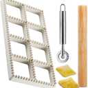 Ravioli Maker Press, Ravioli Press Mold Set - Squares Ravioli Stamp Maker Cutter with Wood Rolling Pin and Ravioli Wheel, Ravioli Stamp Pasta Making Tools | Makes 8 Ravioli, 1.85"