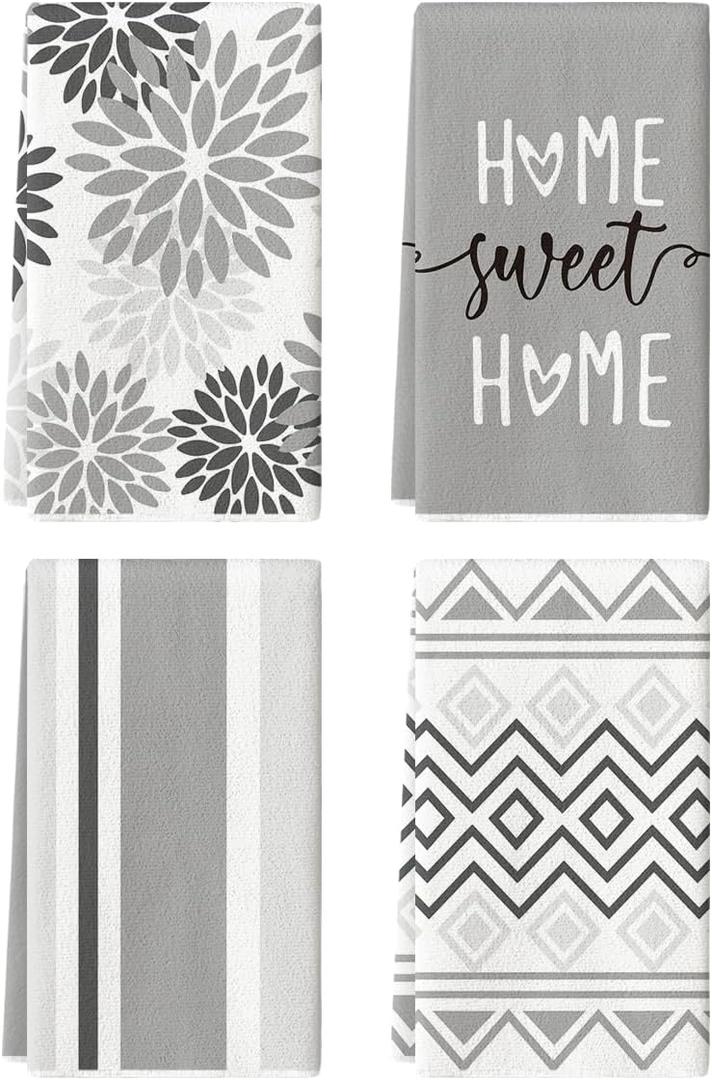 Artoid Mode Grey Home Sweet Home Stripes Boho Spring Kitchen Towels Dish Towels, 18x26 Inch Farmhouse Summer Decoration Hand Towels Set of 4