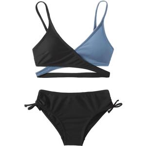 MIENOE Teen Girls' Swimsuits Two-Piece V-Neck Bikini Adjustable Shoulder Straps Swimsuit Kids Bikini with Chest Pad, Black/Grey Blue -️︎ Cross Style,  XXL
