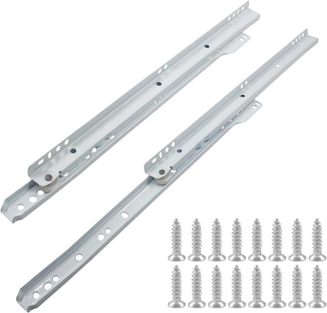 14 Inch Drawer Slides, 1 Pair, White Coated Steel
Removable Bottom Mount, Drawer Track with Smooth Sliding Nylon Wheels
