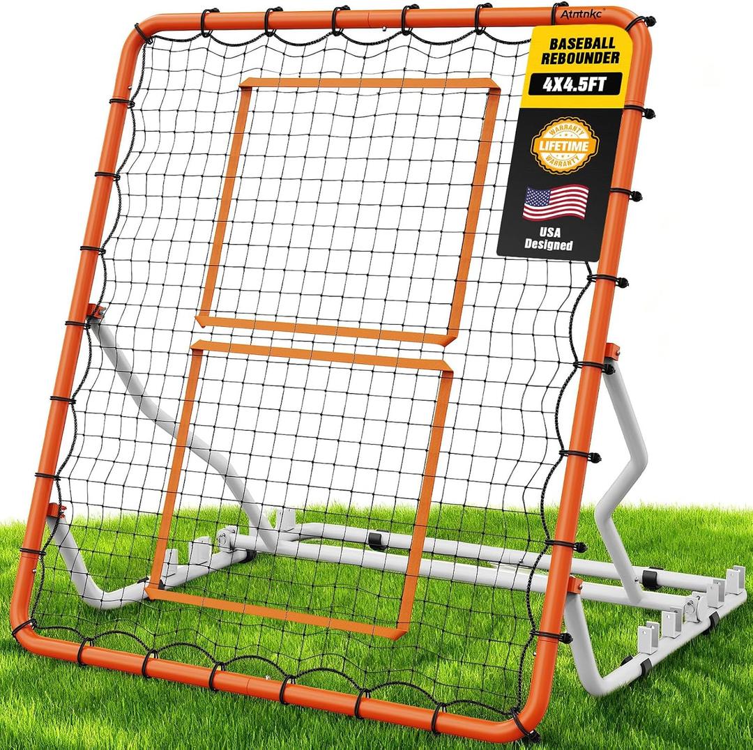 Baseball Rebounder Net 4x4.5FT with 5 Adjustable Angles,Pro Pitch Back Trainer for Volleyball/Softball/Soccer, Solo Practice for Ground