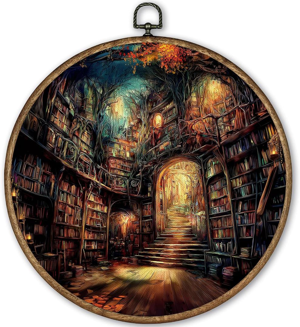 TLESKE Fantasy Library Books Round Wall Art Decor Framed 10x10, Dark Academia Canvas Wall Art Prints Artwork, Reading Corner Nook Wall Hanging Room Door Decor Decorations for Bedroom Living Room
