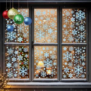 4 x 1000+ Double Sided Snowflake Window Clings, 30+ Designs Blue Static Stickers Window Decoration Christmas Ornaments Reusable Winter Party Supplies New Year Decals for Winter Holiday (10 Sheets)