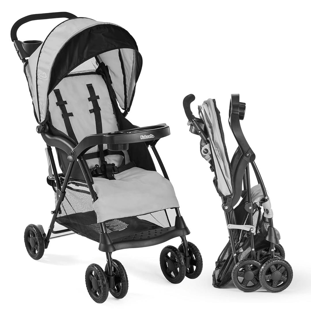 Kolcraft Cloud Plus Lightweight Umbrella Stroller for Toddlers with Reclining Seat, Large Storage Basket, Canopy, Infant & Parent Trays, Compact Fold for Summer Travel, Durable Frame, Slate Gray (Slate Gray