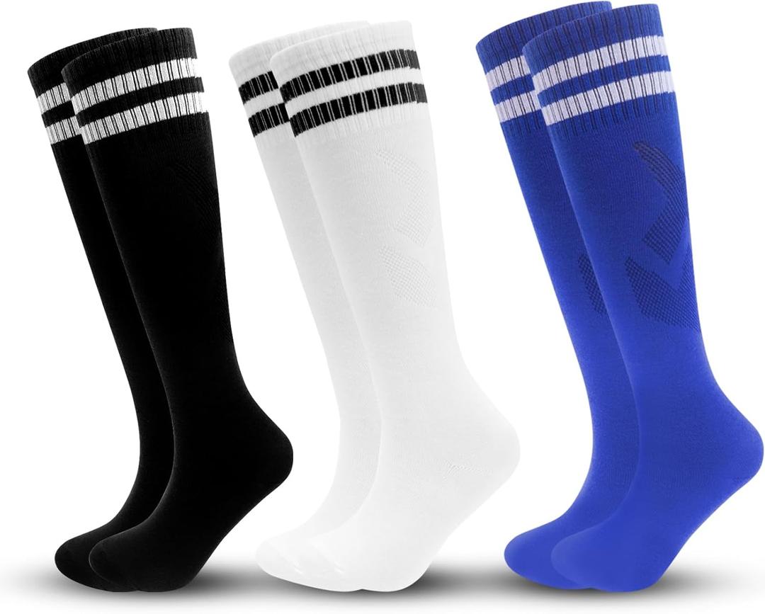 ZXOLDZX 3 Pairs Kids Soccer Socks Striped Knee High Tube Socks Football Uniform Sports Socks for Boys Girls 6-12 Years Old (One Size, 3Pairs-Black,White,Blue)