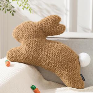 Phantoscope Happy Easter Bunny Shaped Throw Pillow, Plush Boucle Jumping Rabbit Cushion Sherpa Easter Decorative Pillow for Couch Living Room Bed, Beige, 14.5 x 21.5 inches