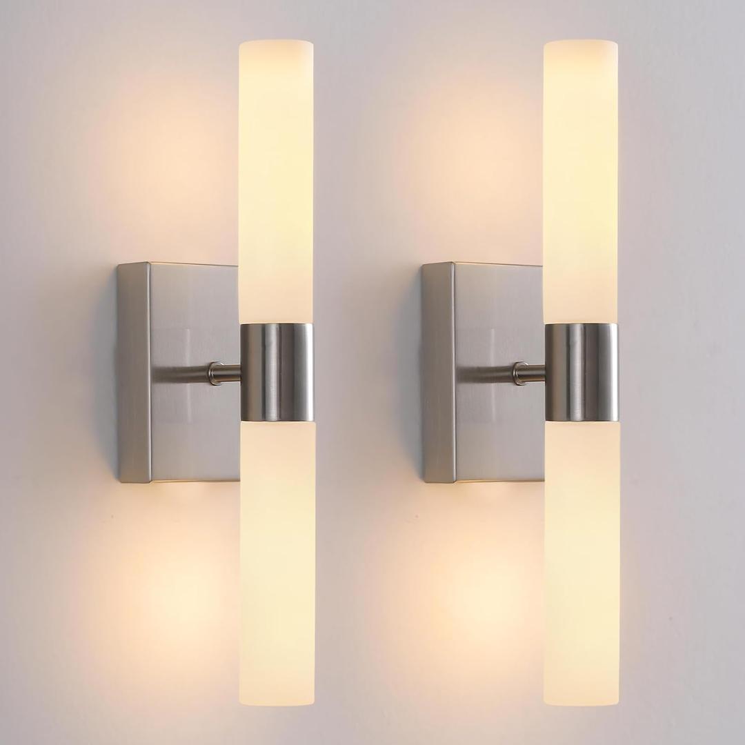 KUZZULL Wall Sconces Set of Two Brushed Nickel Bathroom Sconces Wall Decor Set of 2 Modern Wall Light Fixtures Metal Sconces Wall Lighting with Frosted Glass Shade Wall Mounted Lamp (satin nickel white)