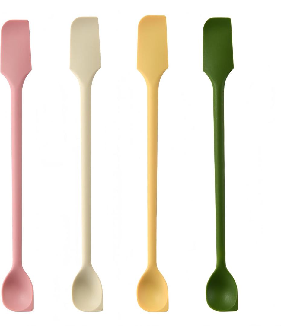 Long Dual-end Silicone Spatula, Stirring Spoon, Thin Curved End for Scraping, Slim Spoon End for Scooping and Mixing, 4 Pack