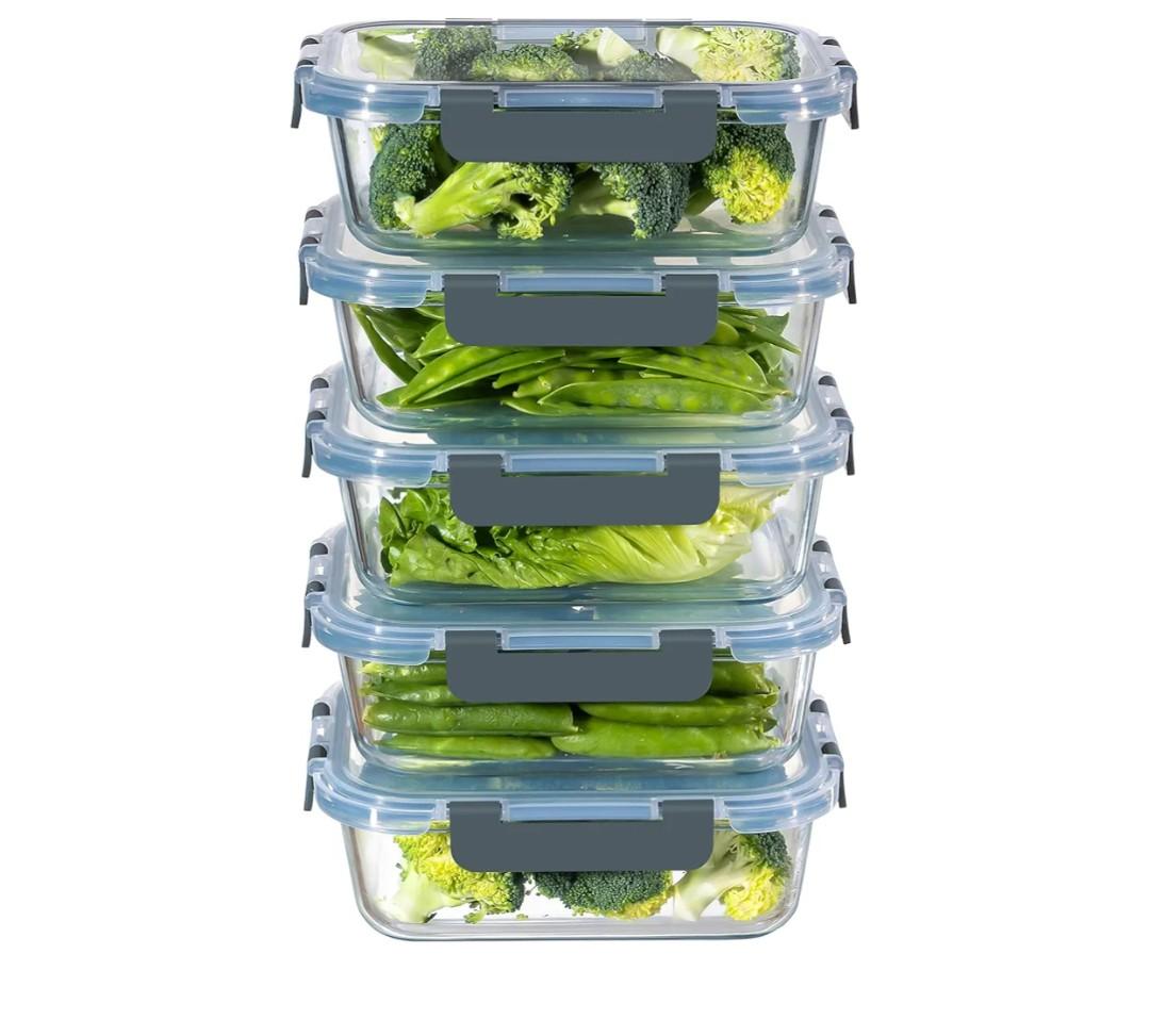 MFY 5-Pack 36 OZ Glass Storage Containers with Lids, Glass Meal Prep Containers Set, Airtight Lunch Containers with Lids, Microwave, Oven, Freezer and Dishwasher Safe, Gray