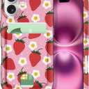 Petocase for iPhone 16 Wallet Case Card Holder Slot Slim Fit Flexible TPU Gel Rubber Soft Skin Silicone Protective Phone Case Cover for Apple iPhone 16 6.1 inch Strawberry