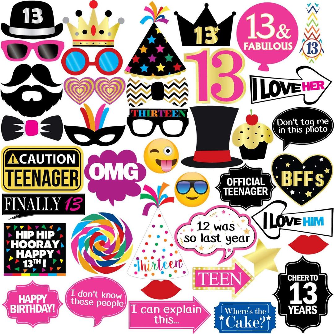 13th Birthday Photo Booth Party Props - 40 Pieces - Funny Official Teenager Birthday Party Supplies, Decorations and Favors